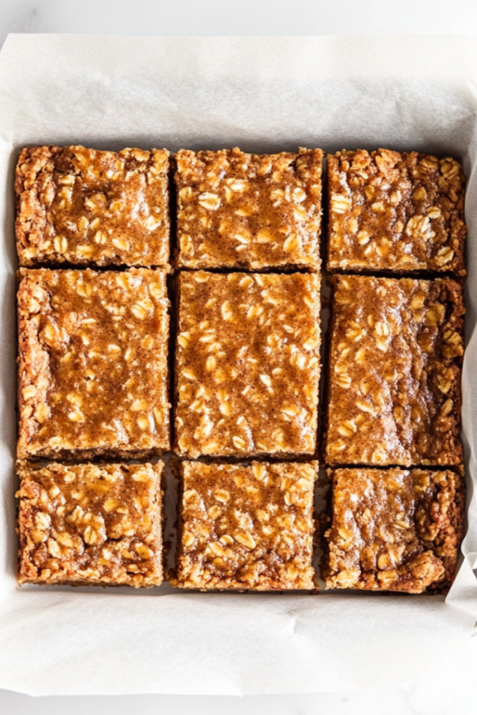 Top-down image showing perfectly baked gingerbread oat bars sliced inside a parchment-lined 8-inch baking tin on a white marble countertop. The bars are golden brown with a shiny top and soft texture. Bits of candied ginger are visible, enhancing the homemade appearance. The clean setup highlights the rustic charm of this spiced dessert.