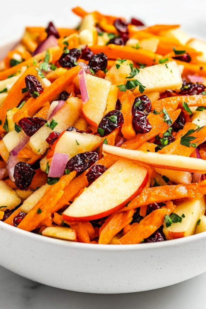 Top-down view of a fresh carrot apple salad served in a white bowl on a white marble countertop. The salad includes coarsely grated carrots, diced red apples, dried cranberries, and finely chopped purple onion all tossed in a creamy mayo dressing. This colorful, crunchy salad is simple, vibrant, and full of texture and flavor.