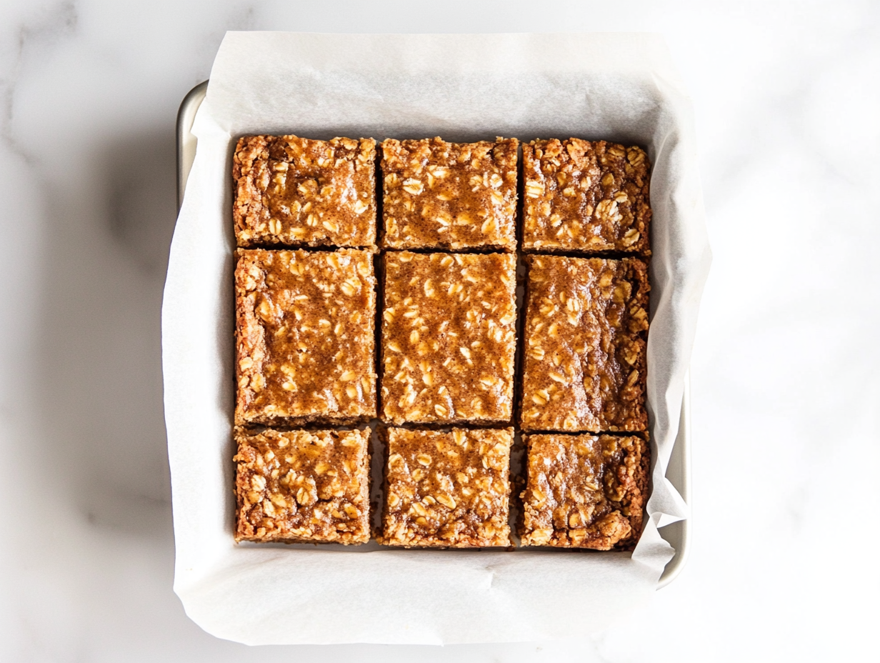 Top-down image showing perfectly baked gingerbread oat bars sliced inside a parchment-lined 8-inch baking tin on a white marble countertop. The bars are golden brown with a shiny top and soft texture. Bits of candied ginger are visible, enhancing the homemade appearance. The clean setup highlights the rustic charm of this spiced dessert.