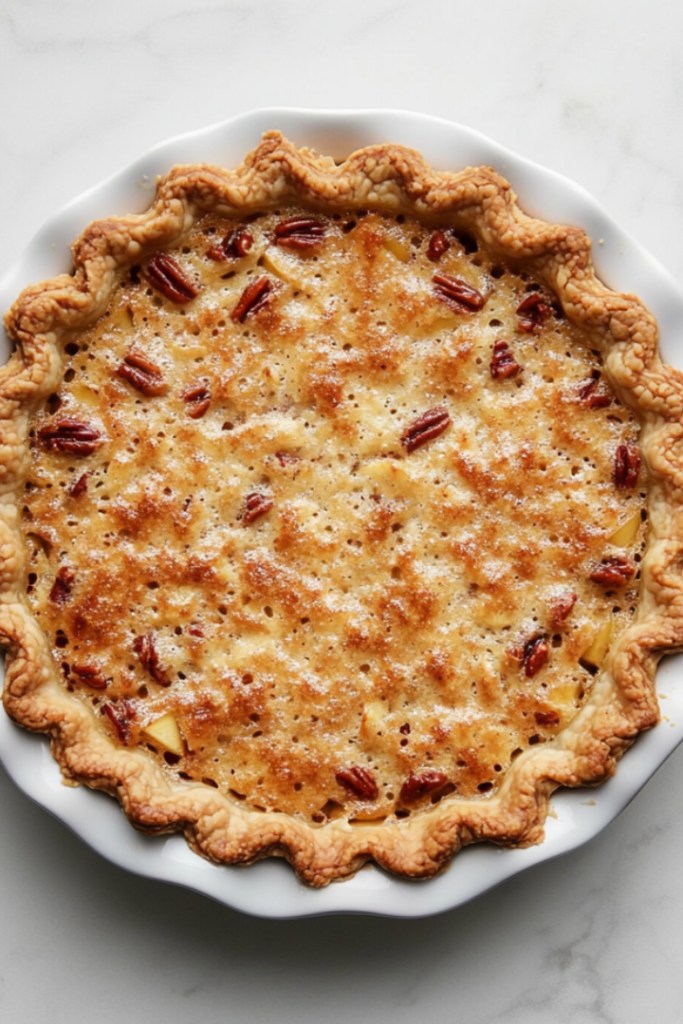 Top-down view of a freshly baked homemade apple pecan pie sitting in a white ceramic 9-inch pie dish on a white marble countertop. The pie has a golden flaky crust and is topped with a rich layer of glistening chopped pecans caramelized with brown sugar and margarine. The scene is clean, rustic, and inviting.