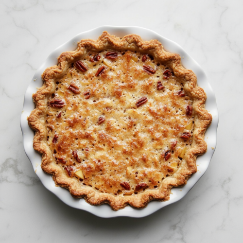 Top-down view of a freshly baked homemade apple pecan pie sitting in a white ceramic 9-inch pie dish on a white marble countertop. The pie has a golden flaky crust and is topped with a rich layer of glistening chopped pecans caramelized with brown sugar and margarine. The scene is clean, rustic, and inviting.