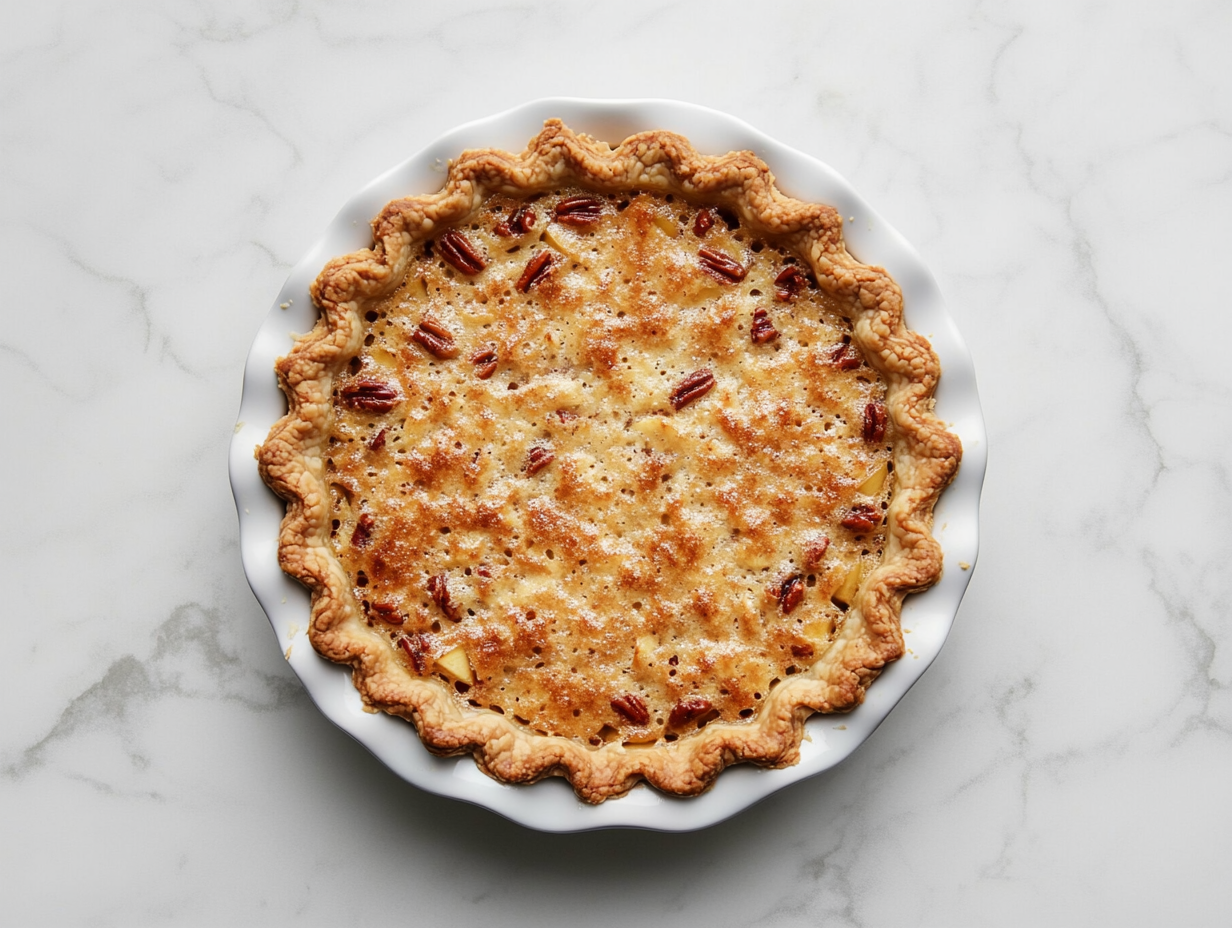 Top-down view of a freshly baked homemade apple pecan pie sitting in a white ceramic 9-inch pie dish on a white marble countertop. The pie has a golden flaky crust and is topped with a rich layer of glistening chopped pecans caramelized with brown sugar and margarine. The scene is clean, rustic, and inviting.