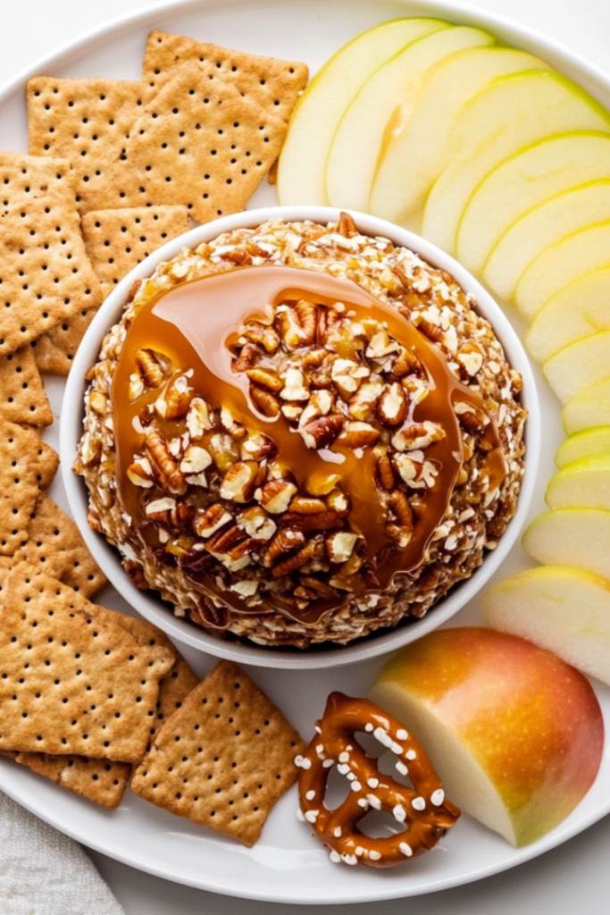 Top-down view of a beautifully presented caramel pecan cheeseball placed on a white ceramic serving plate over a clean white marble countertop. The cheeseball is fully coated in chopped pecans and drizzled with golden caramel sauce. Surrounded by apple slices, graham crackers, and pretzel chips, it creates a perfect sweet and salty dip platter for parties or gatherings.