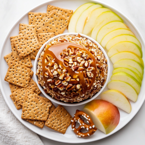 Top-down view of a beautifully presented caramel pecan cheeseball placed on a white ceramic serving plate over a clean white marble countertop. The cheeseball is fully coated in chopped pecans and drizzled with golden caramel sauce. Surrounded by apple slices, graham crackers, and pretzel chips, it creates a perfect sweet and salty dip platter for parties or gatherings.