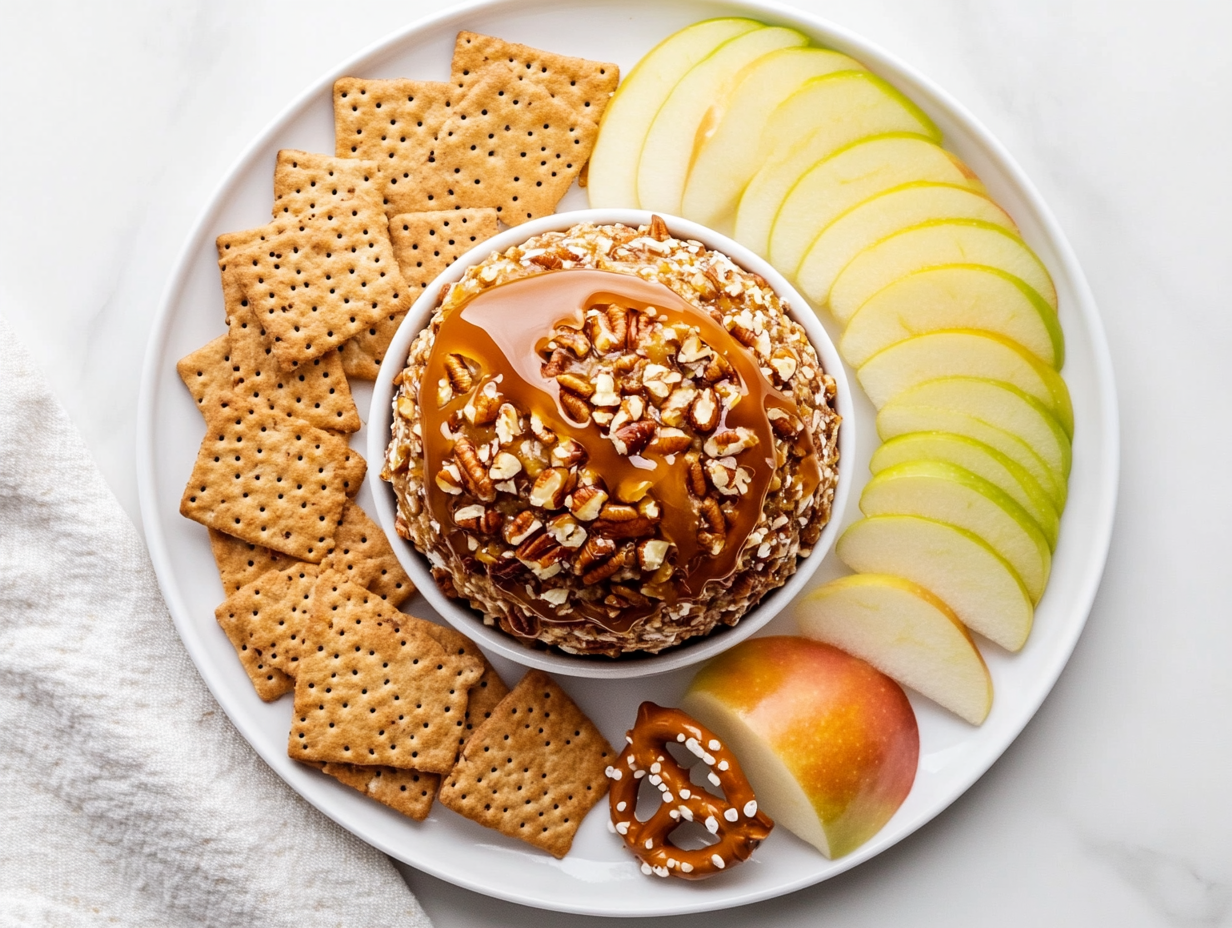 Top-down view of a beautifully presented caramel pecan cheeseball placed on a white ceramic serving plate over a clean white marble countertop. The cheeseball is fully coated in chopped pecans and drizzled with golden caramel sauce. Surrounded by apple slices, graham crackers, and pretzel chips, it creates a perfect sweet and salty dip platter for parties or gatherings.