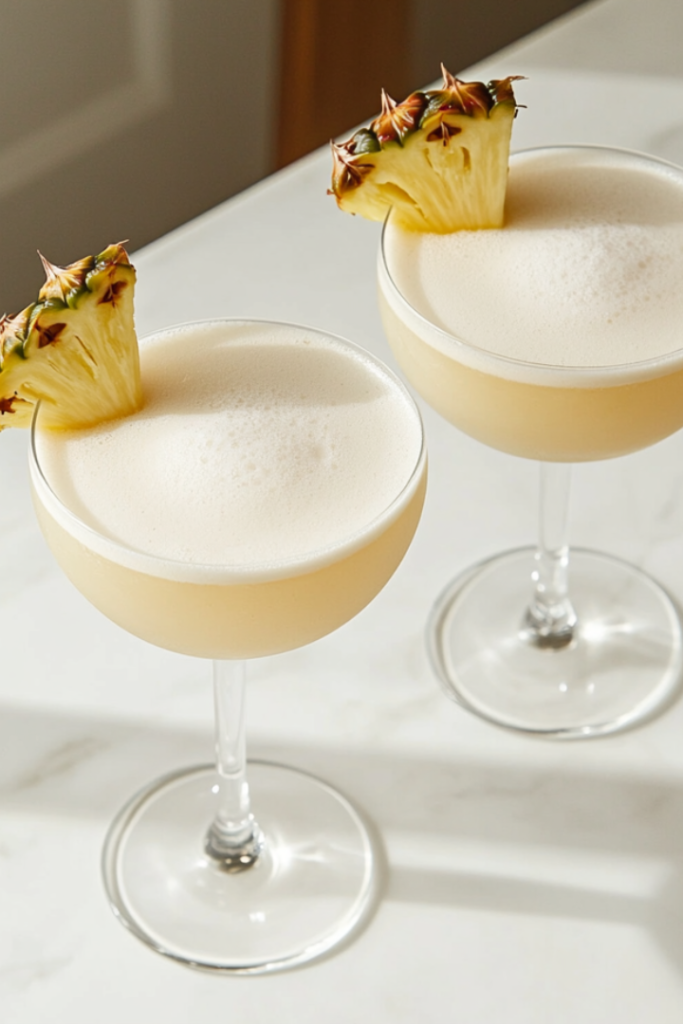 Top-down view of two tropical cocktails made with coconut milk, pineapple juice, rum, sugar, and ice, served in clear cocktail glasses. The drinks are creamy yellow, frothy, and garnished with fresh pineapple slices and cherries. They sit on a white marble countertop, creating a clean, refreshing, and inviting tropical presentation perfect for summer.