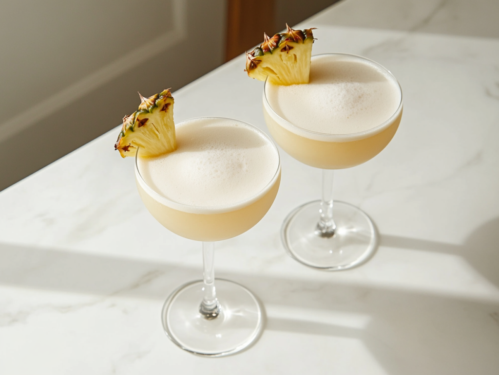Top-down view of two tropical cocktails made with coconut milk, pineapple juice, rum, sugar, and ice, served in clear cocktail glasses. The drinks are creamy yellow, frothy, and garnished with fresh pineapple slices and cherries. They sit on a white marble countertop, creating a clean, refreshing, and inviting tropical presentation perfect for summer.