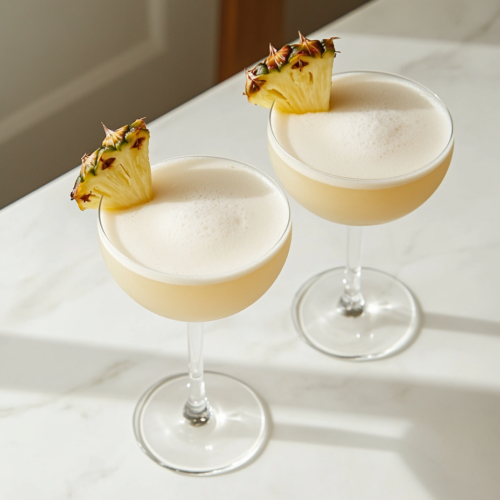 Top-down view of two tropical cocktails made with coconut milk, pineapple juice, rum, sugar, and ice, served in clear cocktail glasses. The drinks are creamy yellow, frothy, and garnished with fresh pineapple slices and cherries. They sit on a white marble countertop, creating a clean, refreshing, and inviting tropical presentation perfect for summer.