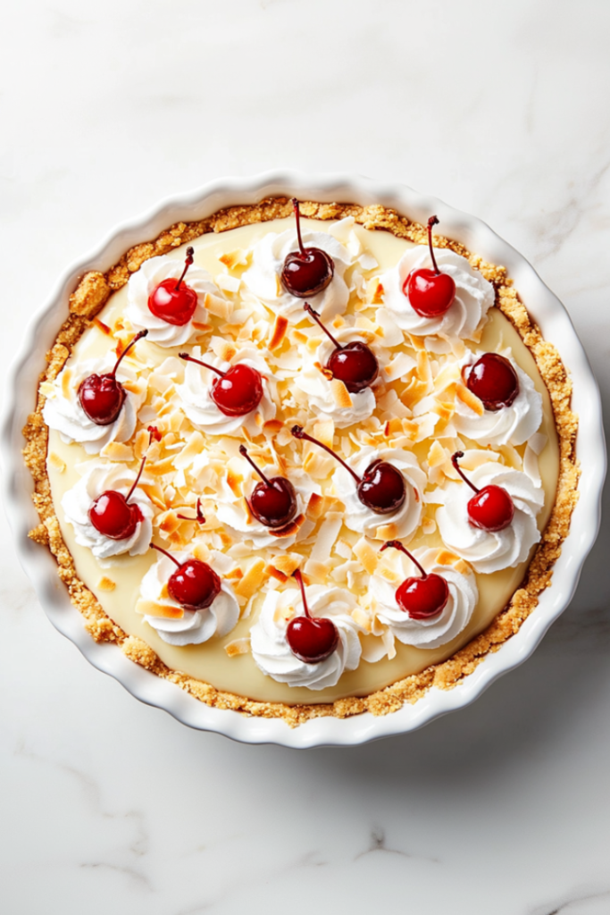 Top-down image of the finished tropical coconut pineapple cream pie, beautifully garnished with swirls of whipped cream and bright red maraschino cherries on top. The golden crust holds layers of coconut custard and pineapple topping. The pie is presented on a clean white marble surface, capturing the vibrant, creamy, and tropical essence of the dessert.