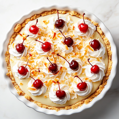 Top-down image of the finished tropical coconut pineapple cream pie, beautifully garnished with swirls of whipped cream and bright red maraschino cherries on top. The golden crust holds layers of coconut custard and pineapple topping. The pie is presented on a clean white marble surface, capturing the vibrant, creamy, and tropical essence of the dessert.