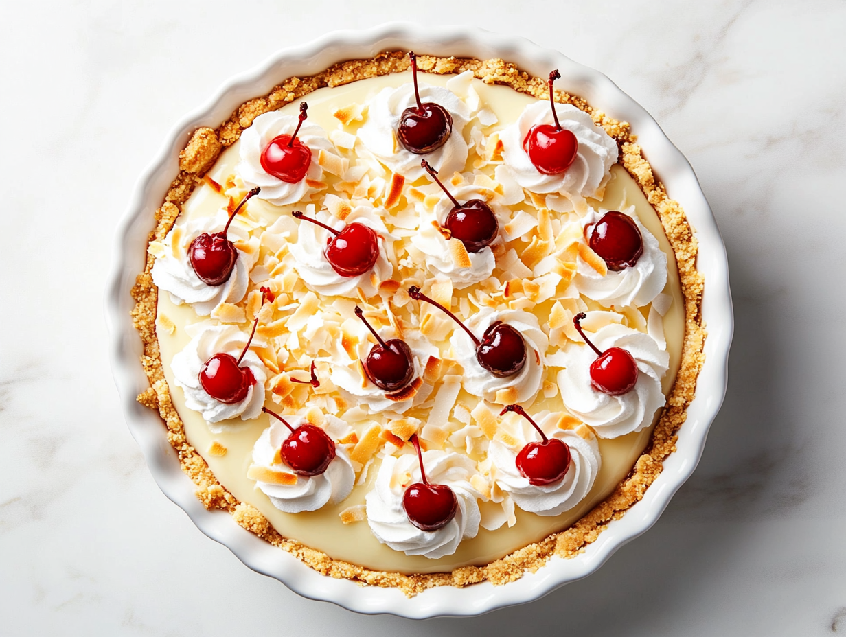 Top-down image of the finished tropical coconut pineapple cream pie, beautifully garnished with swirls of whipped cream and bright red maraschino cherries on top. The golden crust holds layers of coconut custard and pineapple topping. The pie is presented on a clean white marble surface, capturing the vibrant, creamy, and tropical essence of the dessert.