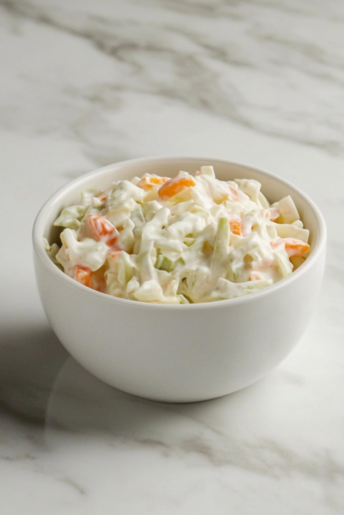 Top-down view of a bowl filled with creamy coleslaw made from chopped green cabbage, shredded carrots, and minced onion. The vegetables are coated in a rich dressing made from mayonnaise, vinegar, mustard, sugar, and pickles. The dish is served chilled in a white bowl over a clean marble background, capturing freshness and texture.