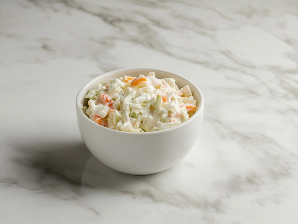 Top-down view of a bowl filled with creamy coleslaw made from chopped green cabbage, shredded carrots, and minced onion. The vegetables are coated in a rich dressing made from mayonnaise, vinegar, mustard, sugar, and pickles. The dish is served chilled in a white bowl over a clean marble background, capturing freshness and texture.