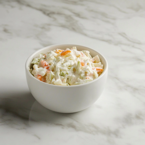Top-down view of a bowl filled with creamy coleslaw made from chopped green cabbage, shredded carrots, and minced onion. The vegetables are coated in a rich dressing made from mayonnaise, vinegar, mustard, sugar, and pickles. The dish is served chilled in a white bowl over a clean marble background, capturing freshness and texture.