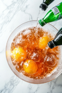 Cold Sprite and club soda are poured into the punch bowl, adding a fizzy and refreshing base to the strawberry mixture. The combination of Sprite's sweetness and club soda's effervescence enhances the flavor and sparkle of the punch.