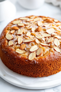 A top-down shot of apple almond cake batter being poured into a prepared round cake pan. The batter is smooth and evenly distributed in the pan. Sliced almonds and turbinado sugar are sprinkled on top, ready to add a golden crunch during baking. The scene takes place on a white marble countertop, emphasizing the final touches before the cake is baked to perfection. The simplicity of the setup highlights the process of preparing the cake for the oven.