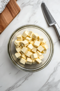 A top-down view of extra firm tofu cubes in a mixing bowl on a white marble countertop, with a knife and cutting board beside it. The tofu is freshly pressed and cubed, ready to be pan-fried. The clean and simple setup highlights the tofu’s texture and preparation steps in a clear and organized manner.