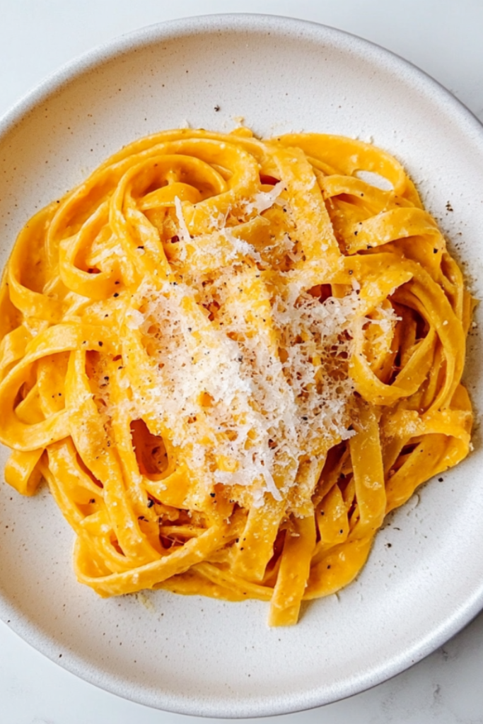 Top-down view of the completed creamy pumpkin fettuccine pasta served on a white ceramic plate placed on a clean white marble countertop. The golden-orange pumpkin cream sauce coats the fettuccine evenly, and the dish is topped with freshly grated Parmesan cheese. This simple and elegant presentation is warm and inviting, perfect for fall meals or cozy dinners. The minimal background enhances the focus on the rich texture and vibrant color of the pasta dish.
