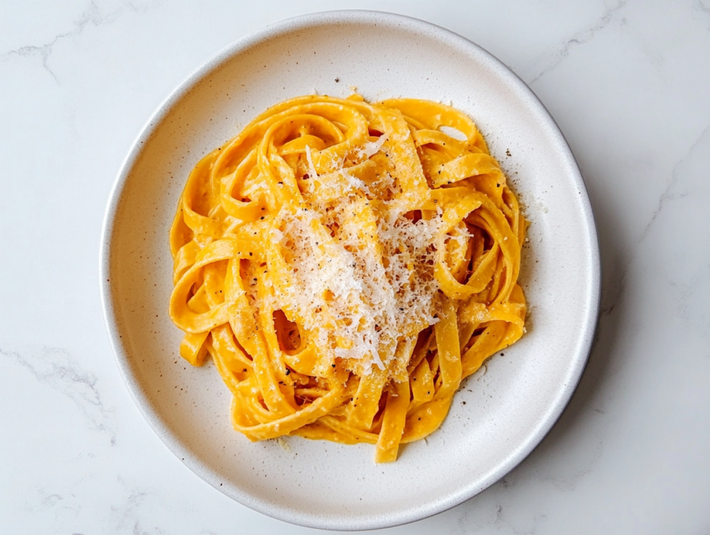 Top-down view of the completed creamy pumpkin fettuccine pasta served on a white ceramic plate placed on a clean white marble countertop. The golden-orange pumpkin cream sauce coats the fettuccine evenly, and the dish is topped with freshly grated Parmesan cheese. This simple and elegant presentation is warm and inviting, perfect for fall meals or cozy dinners. The minimal background enhances the focus on the rich texture and vibrant color of the pasta dish.