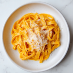 Top-down view of the completed creamy pumpkin fettuccine pasta served on a white ceramic plate placed on a clean white marble countertop. The golden-orange pumpkin cream sauce coats the fettuccine evenly, and the dish is topped with freshly grated Parmesan cheese. This simple and elegant presentation is warm and inviting, perfect for fall meals or cozy dinners. The minimal background enhances the focus on the rich texture and vibrant color of the pasta dish.