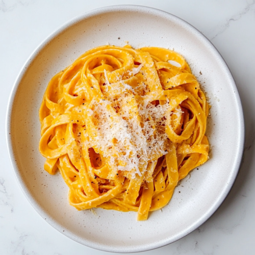 Top-down view of the completed creamy pumpkin fettuccine pasta served on a white ceramic plate placed on a clean white marble countertop. The golden-orange pumpkin cream sauce coats the fettuccine evenly, and the dish is topped with freshly grated Parmesan cheese. This simple and elegant presentation is warm and inviting, perfect for fall meals or cozy dinners. The minimal background enhances the focus on the rich texture and vibrant color of the pasta dish.