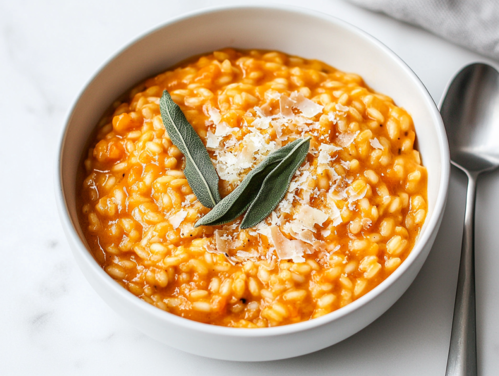 A beautifully presented bowl of creamy pumpkin risotto served in a white ceramic bowl. The risotto is rich and glossy, topped with finely grated parmesan and crispy sage leaves. Each spoonful looks comforting and full of flavor, with visible golden pumpkin cubes and a buttery texture that highlights the perfect consistency of the dish.