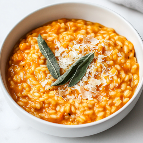 A beautifully presented bowl of creamy pumpkin risotto served in a white ceramic bowl. The risotto is rich and glossy, topped with finely grated parmesan and crispy sage leaves. Each spoonful looks comforting and full of flavor, with visible golden pumpkin cubes and a buttery texture that highlights the perfect consistency of the dish.