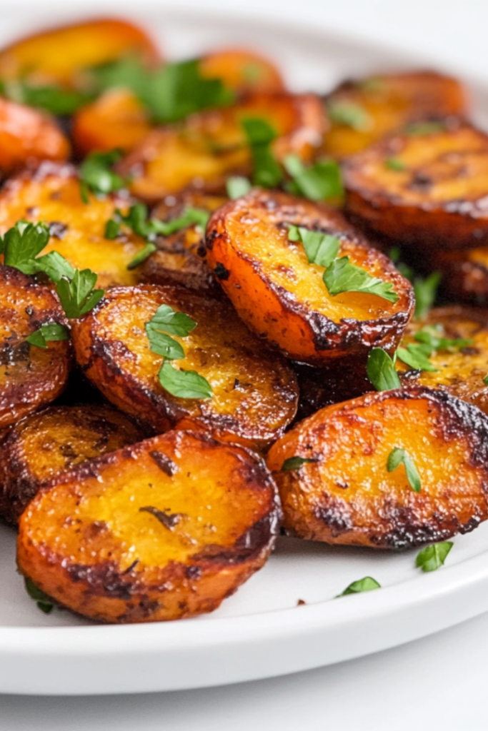 A Side view of perfectly roasted carrots served on a white ceramic plate. The carrots are golden brown and caramelized around the edges, showcasing their natural sweetness and roasted texture. Garnished with freshly chopped parsley, they rest on a clean white marble countertop, presenting a warm and rustic dish ideal for healthy meals.