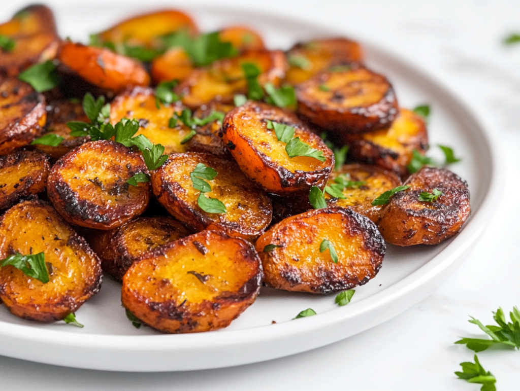 A Side view of perfectly roasted carrots served on a white ceramic plate. The carrots are golden brown and caramelized around the edges, showcasing their natural sweetness and roasted texture. Garnished with freshly chopped parsley, they rest on a clean white marble countertop, presenting a warm and rustic dish ideal for healthy meals.