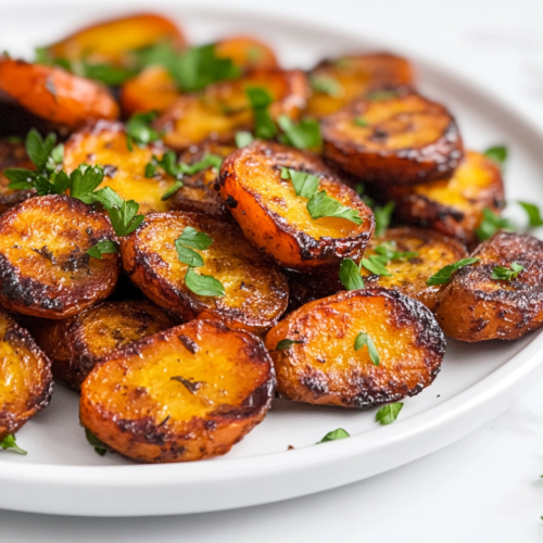 A Side view of perfectly roasted carrots served on a white ceramic plate. The carrots are golden brown and caramelized around the edges, showcasing their natural sweetness and roasted texture. Garnished with freshly chopped parsley, they rest on a clean white marble countertop, presenting a warm and rustic dish ideal for healthy meals.