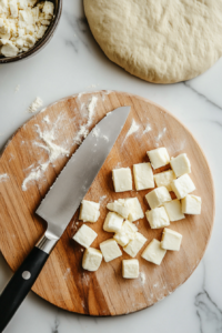 A top-down view of a white marble countertop where small pieces of pizza dough are being carefully wrapped around mozzarella cheese cubes to create smooth, round dough balls. A hand is seen rolling the dough between the palms, ensuring a tight seal around the cheese. A parchment-lined baking sheet is placed nearby, ready to hold the prepared dough balls. The setup remains simple and focused on the careful assembly process.