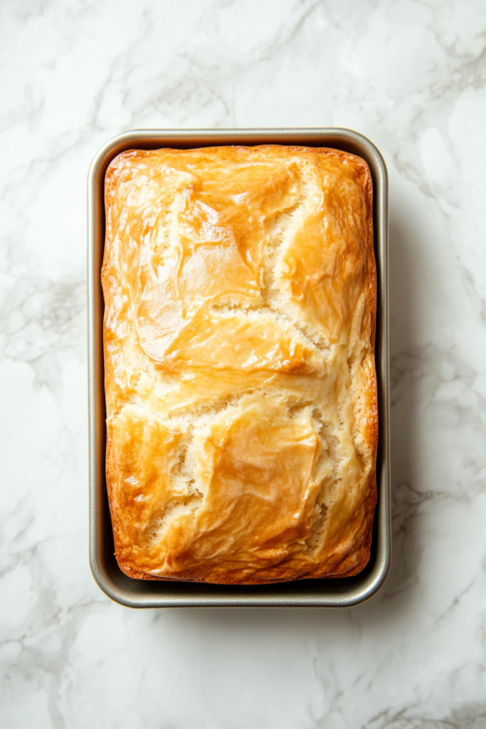 Top-down view of a freshly baked banana bread loaf resting in a silver 9x5 inch metal pan placed on a clean white marble countertop. The loaf is golden brown with a cracked, slightly domed top, showcasing its soft and moist interior. The setup is simple and clean, highlighting the comforting, homemade feel of the banana bread.