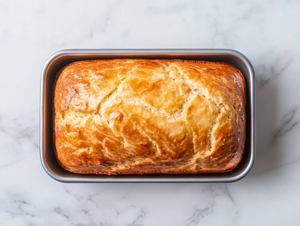 Top-down view of a freshly baked banana bread loaf resting in a silver 9x5 inch metal pan placed on a clean white marble countertop. The loaf is golden brown with a cracked, slightly domed top, showcasing its soft and moist interior. The setup is simple and clean, highlighting the comforting, homemade feel of the banana bread.