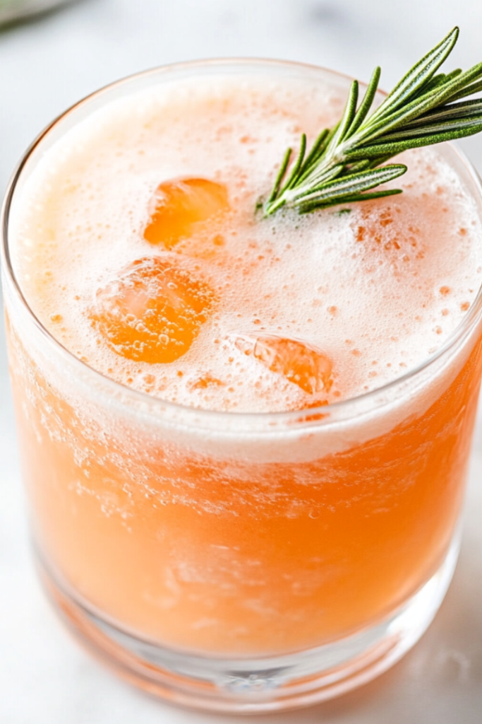 A beautifully presented rosemary Campari sour cocktail is served in a transparent glass with a generous layer of white froth and a fresh rosemary sprig garnish. The drink rests on a clean white marble countertop, showcasing its vibrant orange-pink hue. The scene is simple and elegant, capturing the refreshing and aromatic appeal of the cocktail, ready to be enjoyed.