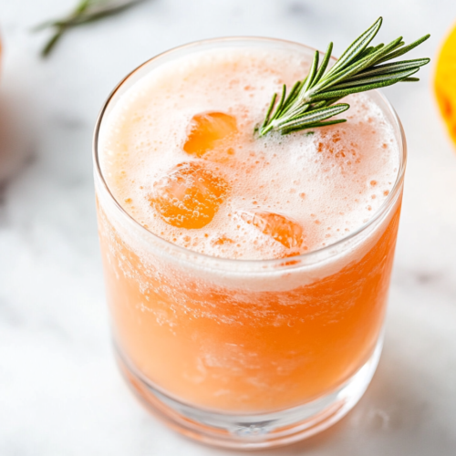 A beautifully presented rosemary Campari sour cocktail is served in a transparent glass with a generous layer of white froth and a fresh rosemary sprig garnish. The drink rests on a clean white marble countertop, showcasing its vibrant orange-pink hue. The scene is simple and elegant, capturing the refreshing and aromatic appeal of the cocktail, ready to be enjoyed.