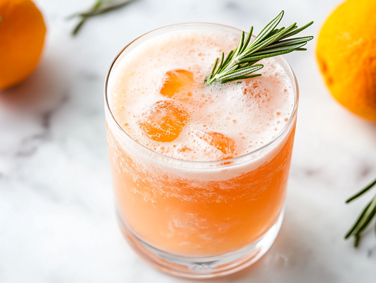 A beautifully presented rosemary Campari sour cocktail is served in a transparent glass with a generous layer of white froth and a fresh rosemary sprig garnish. The drink rests on a clean white marble countertop, showcasing its vibrant orange-pink hue. The scene is simple and elegant, capturing the refreshing and aromatic appeal of the cocktail, ready to be enjoyed.