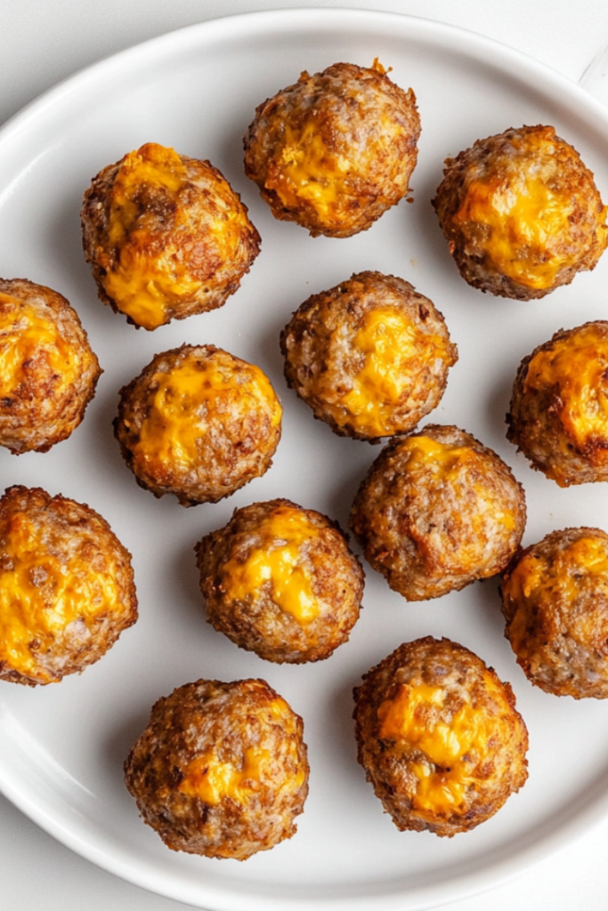 A plate filled with golden brown, freshly baked sausage cheese balls arranged on a white ceramic plate. The crispy, slightly cracked surface reveals melted cheddar cheese and flavorful sage sausage inside. The plate is placed on a white marble countertop with a minimal, clean background, making the delicious appetizer the main focus.