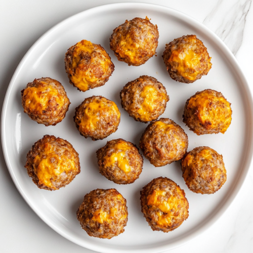 A plate filled with golden brown, freshly baked sausage cheese balls arranged on a white ceramic plate. The crispy, slightly cracked surface reveals melted cheddar cheese and flavorful sage sausage inside. The plate is placed on a white marble countertop with a minimal, clean background, making the delicious appetizer the main focus.