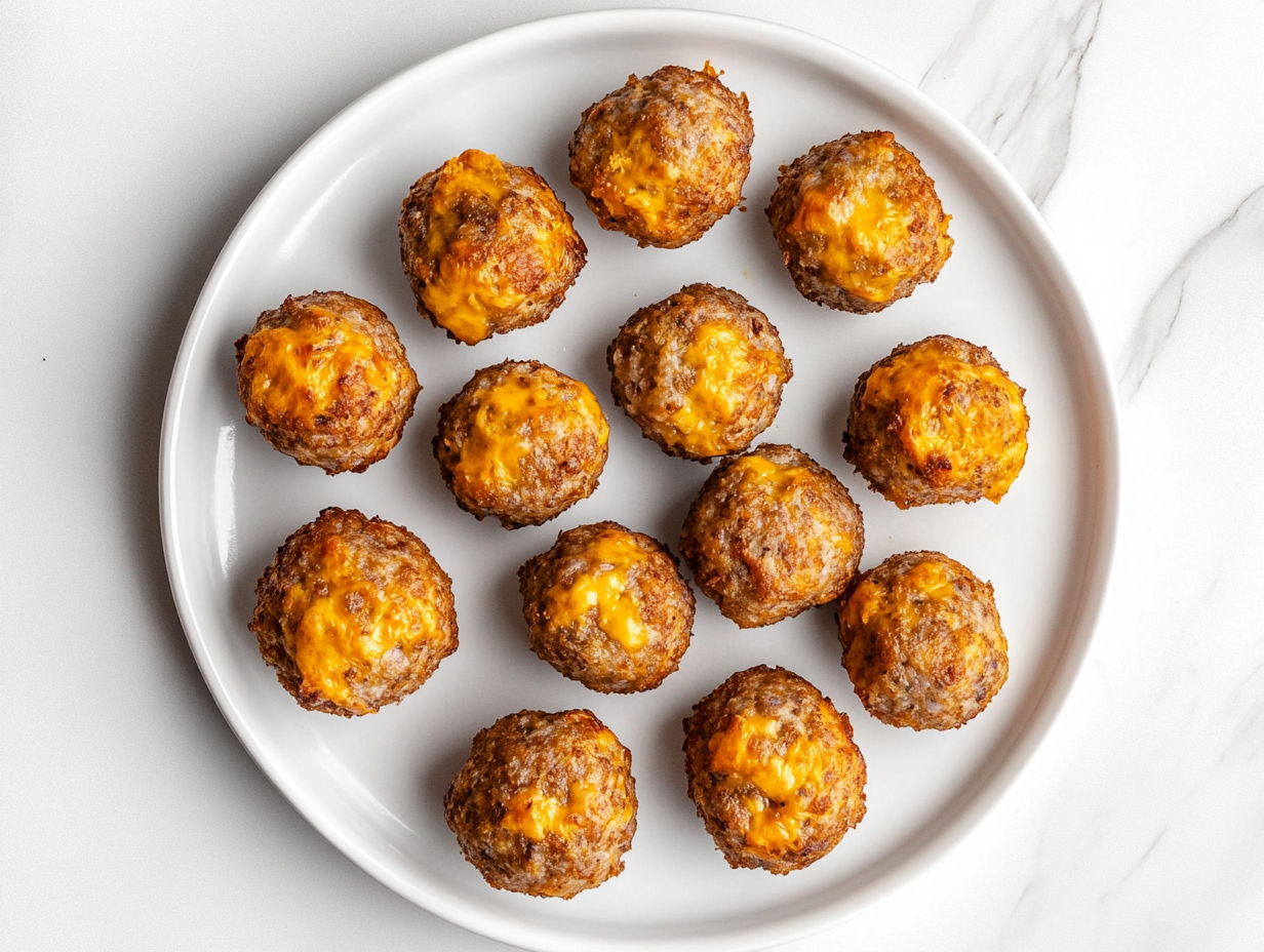 A plate filled with golden brown, freshly baked sausage cheese balls arranged on a white ceramic plate. The crispy, slightly cracked surface reveals melted cheddar cheese and flavorful sage sausage inside. The plate is placed on a white marble countertop with a minimal, clean background, making the delicious appetizer the main focus.