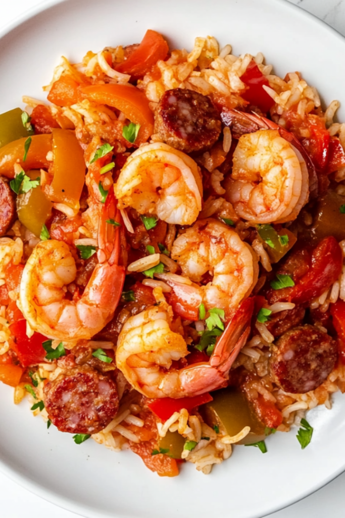 A delicious plate of shrimp and smoked sausage rice dish served on a white ceramic plate over a white marble countertop. The dish is vibrant with red tomatoes, golden sausage slices, and pink shrimp, all mixed with fluffy white rice. The dish is garnished with fresh herbs and looks rich and flavorful.