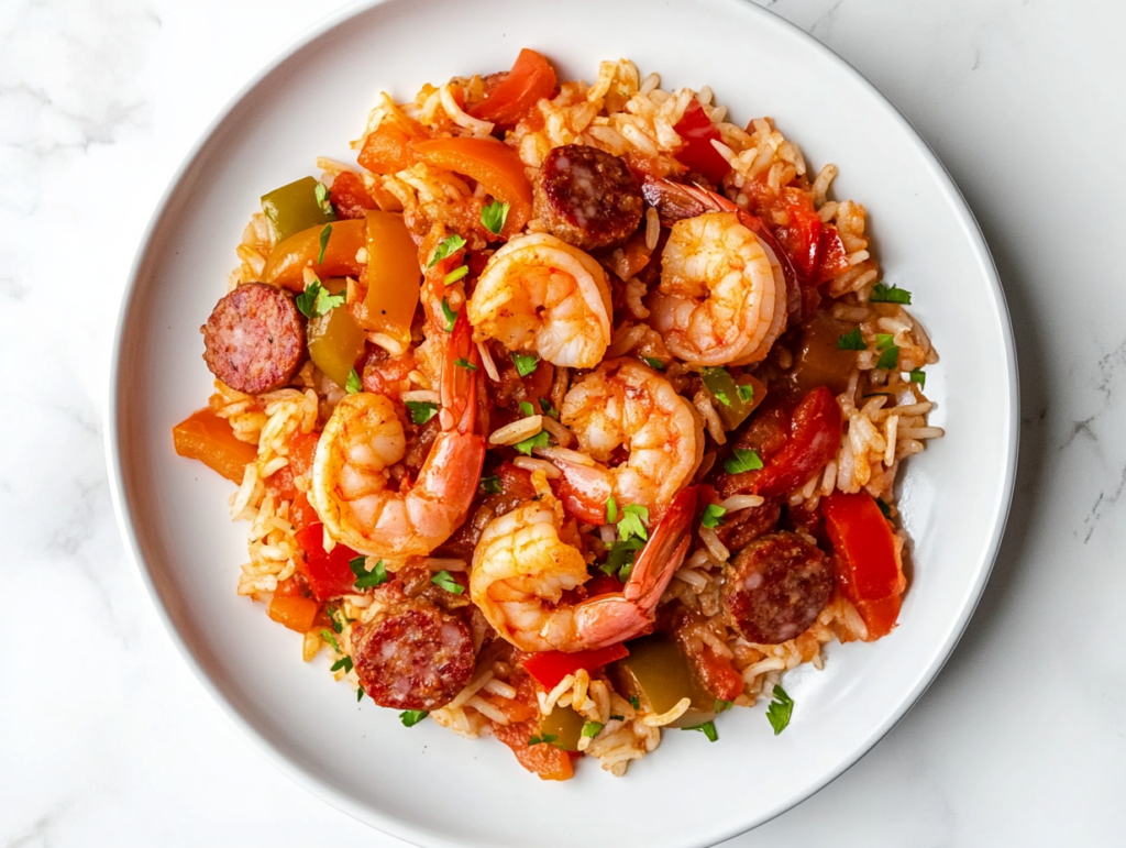 A delicious plate of shrimp and smoked sausage rice dish served on a white ceramic plate over a white marble countertop. The dish is vibrant with red tomatoes, golden sausage slices, and pink shrimp, all mixed with fluffy white rice. The dish is garnished with fresh herbs and looks rich and flavorful.