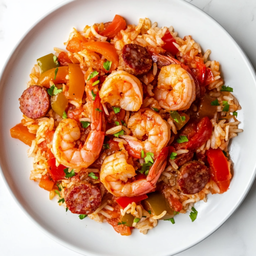 A delicious plate of shrimp and smoked sausage rice dish served on a white ceramic plate over a white marble countertop. The dish is vibrant with red tomatoes, golden sausage slices, and pink shrimp, all mixed with fluffy white rice. The dish is garnished with fresh herbs and looks rich and flavorful.