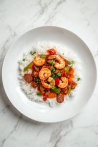 A delicious plate of shrimp and smoked sausage rice dish served on a white ceramic plate over a white marble countertop. The dish is vibrant with red tomatoes, golden sausage slices, and pink shrimp, all mixed with fluffy white rice. The dish is garnished with fresh herbs and looks rich and flavorful.