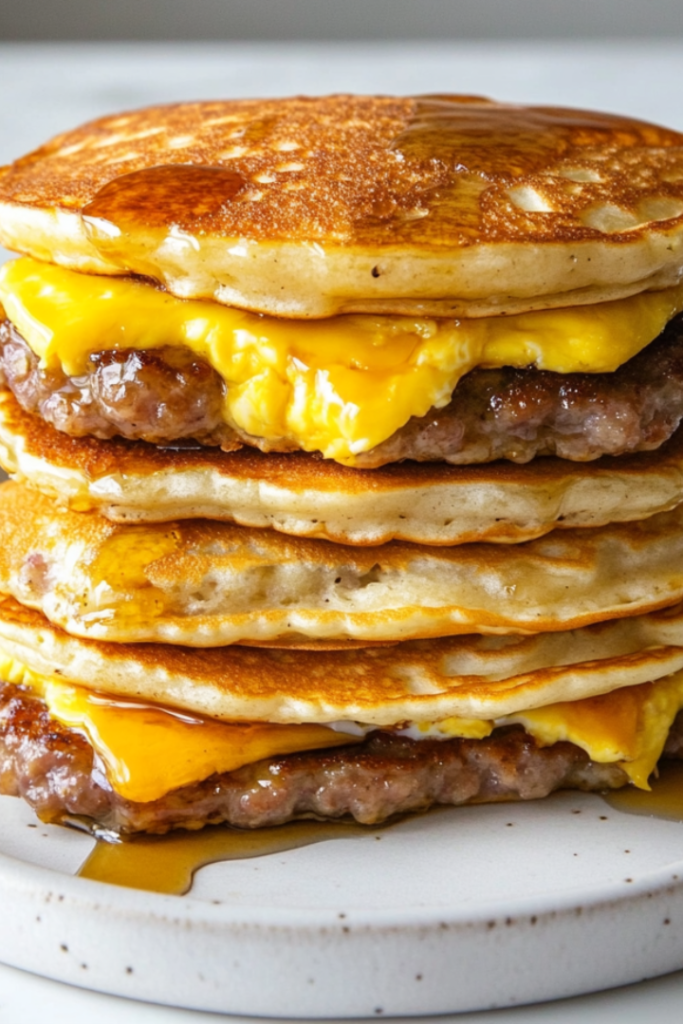 Freshly made breakfast pancake sandwiches are neatly stacked on a white ceramic plate, placed on a white marble countertop. One sandwich is individually wrapped in parchment paper, showing a meal-prep option for freezing. These sandwiches are perfect for a quick grab-and-go breakfast, warm and ready to eat.
