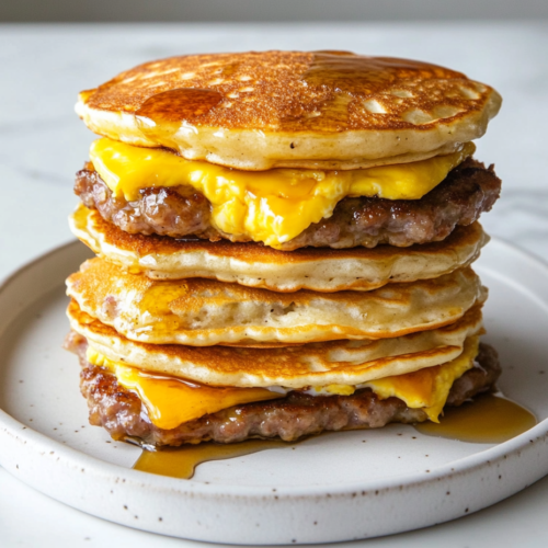 Freshly made breakfast pancake sandwiches are neatly stacked on a white ceramic plate, placed on a white marble countertop. One sandwich is individually wrapped in parchment paper, showing a meal-prep option for freezing. These sandwiches are perfect for a quick grab-and-go breakfast, warm and ready to eat.
