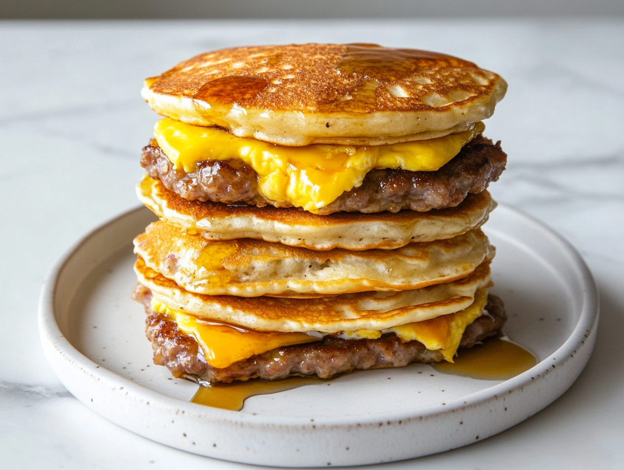 Freshly made breakfast pancake sandwiches are neatly stacked on a white ceramic plate, placed on a white marble countertop. One sandwich is individually wrapped in parchment paper, showing a meal-prep option for freezing. These sandwiches are perfect for a quick grab-and-go breakfast, warm and ready to eat.