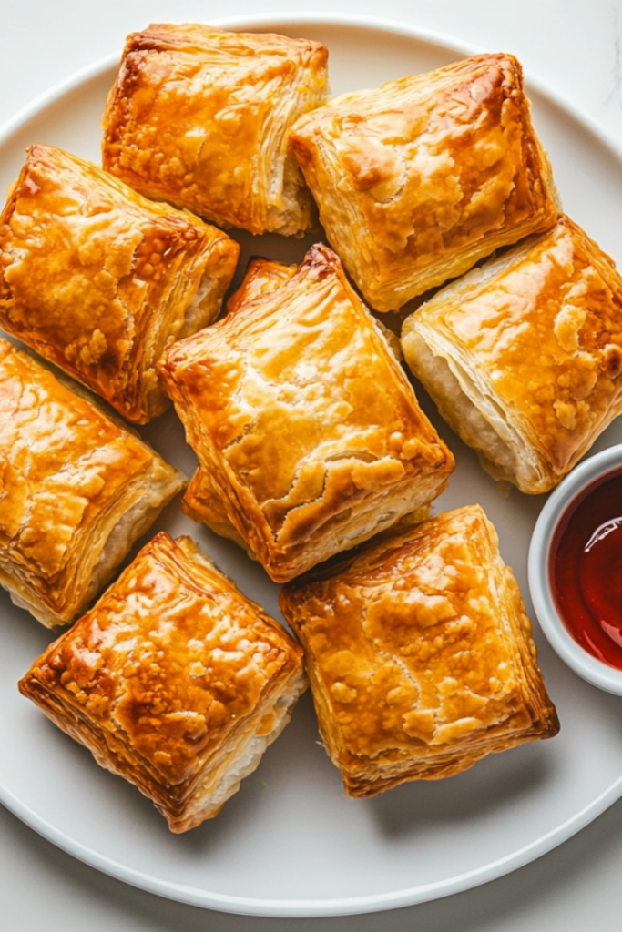 A plate of golden brown, flaky sausage rolls is arranged neatly on a white ceramic plate, sitting on a white marble countertop. The pastry looks crisp and layered, while the filling inside is slightly visible. A small dish of ketchup is placed beside the plate, ready for dipping. The clean background keeps the focus on the delicious sausage rolls, making them look inviting and ready to serve.