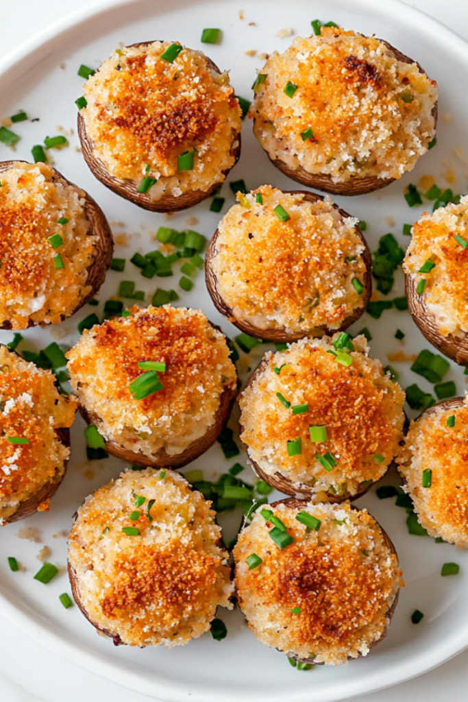 A white plate filled with golden brown stuffed mushrooms, generously packed with a creamy mixture of Italian sausage, cream cheese, garlic, and herbs. The tops are crisped with melted parmesan cheese and crunchy panko breadcrumbs. The plate sits on a white marble countertop, with fresh parsley and chopped chives sprinkled for garnish.