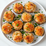A white plate filled with golden brown stuffed mushrooms, generously packed with a creamy mixture of Italian sausage, cream cheese, garlic, and herbs. The tops are crisped with melted parmesan cheese and crunchy panko breadcrumbs. The plate sits on a white marble countertop, with fresh parsley and chopped chives sprinkled for garnish.