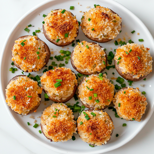 A white plate filled with golden brown stuffed mushrooms, generously packed with a creamy mixture of Italian sausage, cream cheese, garlic, and herbs. The tops are crisped with melted parmesan cheese and crunchy panko breadcrumbs. The plate sits on a white marble countertop, with fresh parsley and chopped chives sprinkled for garnish.